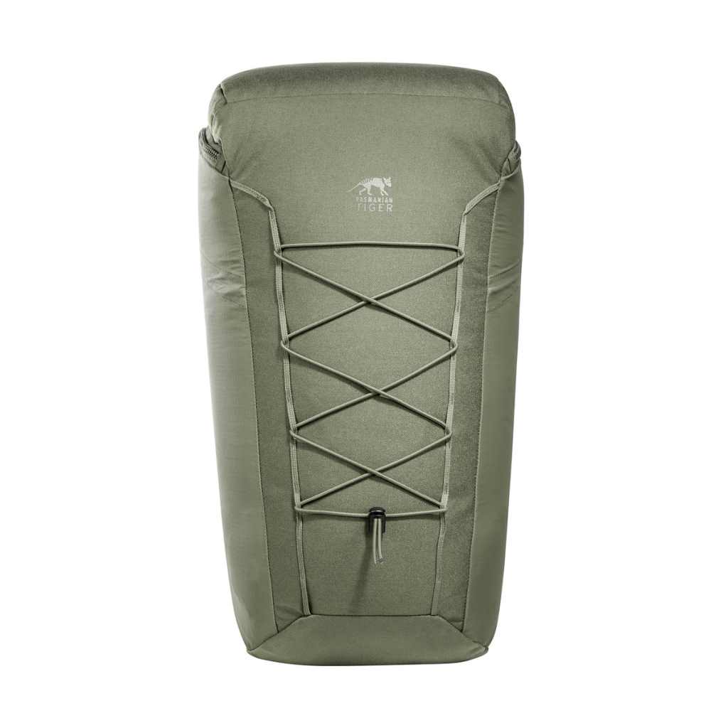 Straight on front view of Tasmanian Tiger 30 L Companion lightweight sleek daypack with TT logo top centre and daisy chain lacing in place - Olive | TT7331.331