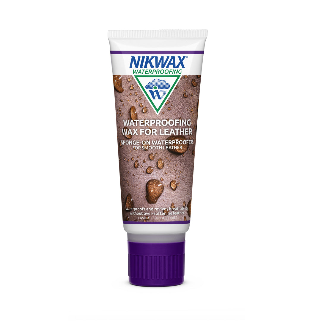 100ml plastic tube of Nikwax Waterproofing Wax for Leather. Tube is white with a purple cap. Label features a close-up of light tan leather with water beading on the surface.