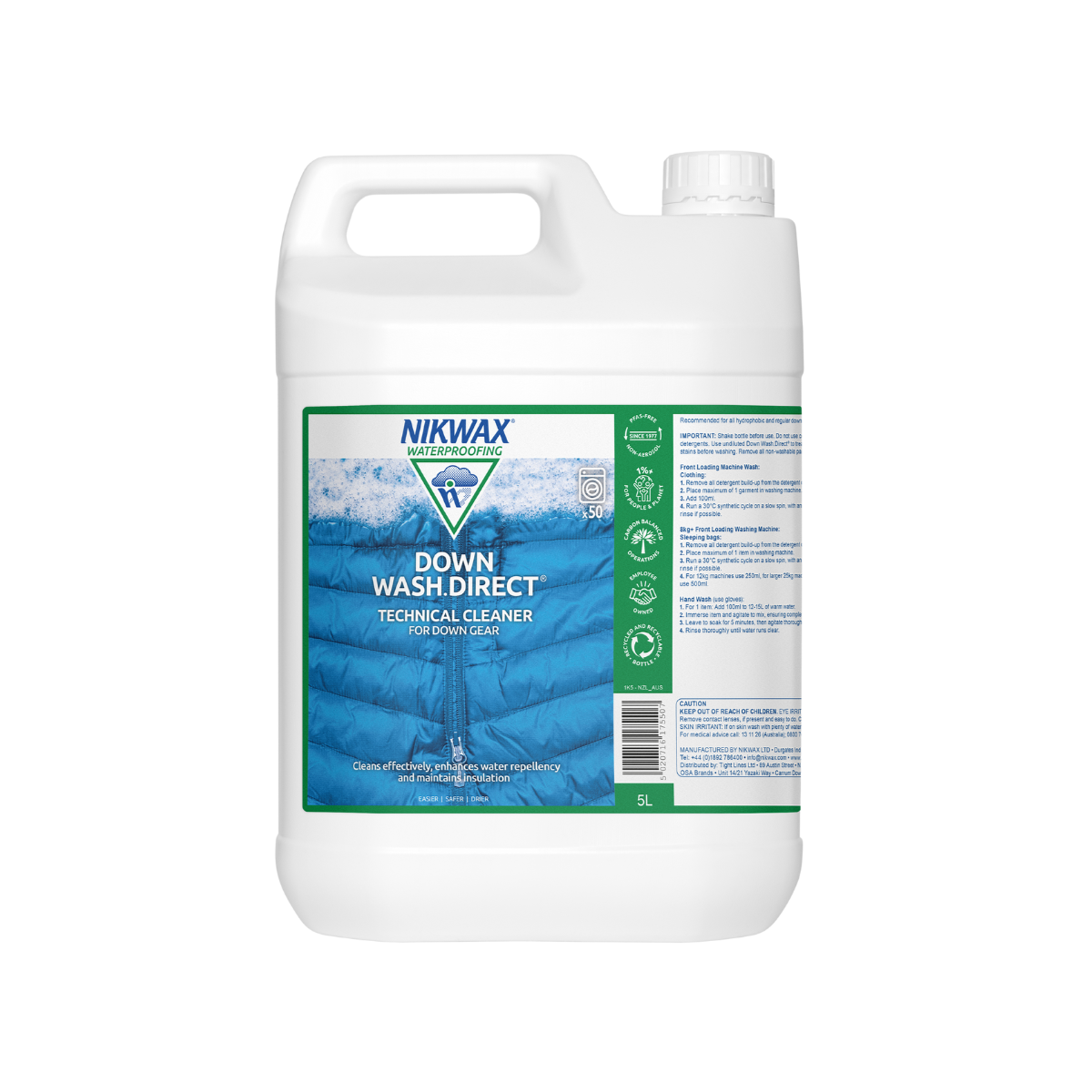 5L bottle of Nikwax Down Wash. Bottle is white with a green lid. Label features a close up of a zipper on a blue puffer jacket.