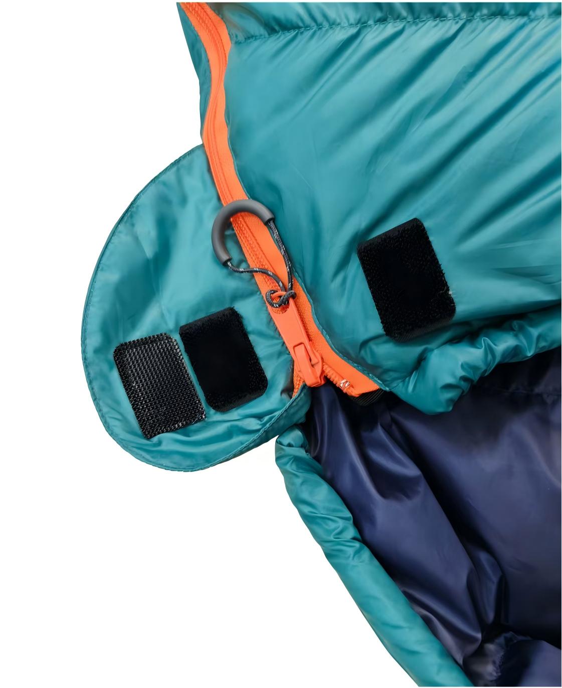 Close up of closure Domex Wanderer 300 - 2-season down bag - shown in the open position - teal with navy lining | GENERAL