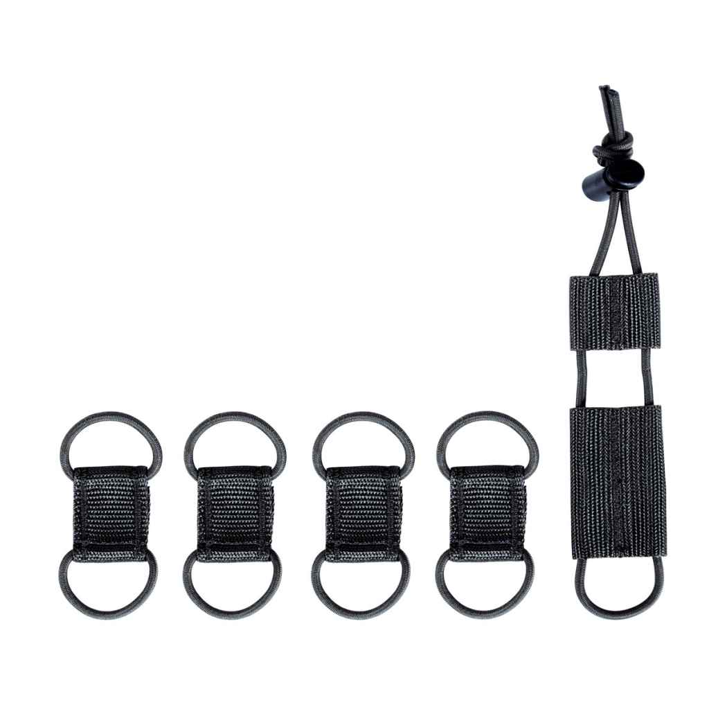 Flat lay of Tasmanian Tiger cable manager set consisting of four attachment elements for radio equipment and cables and one tourniquet  - Black 