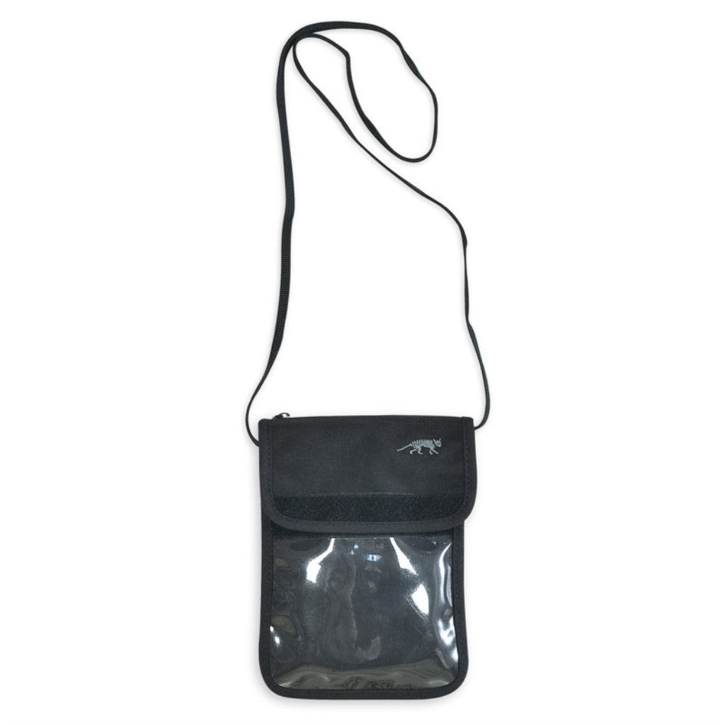 Front of Tasmanian tiger Neck pouch showing transparent front and neck strap - Black | Ships Within New Zealand