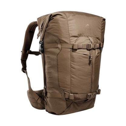 Three quarter front view of 28 litre Tasmanian Tiger Sentinel pack featuring two compression straps, front pocket, roll-top with zipper and laser-cut MOLLE on sides - Coyote Brown | TT7353.346