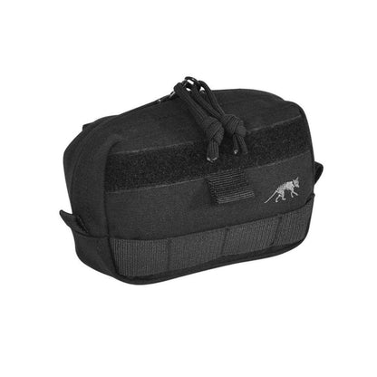 Three quarter front view of zippered Tasmanian Tiger horizontal accessory pouch with hook and loop strips for name tag and MOLLE system - Black. Ships Within New Zealand | TT7650.040