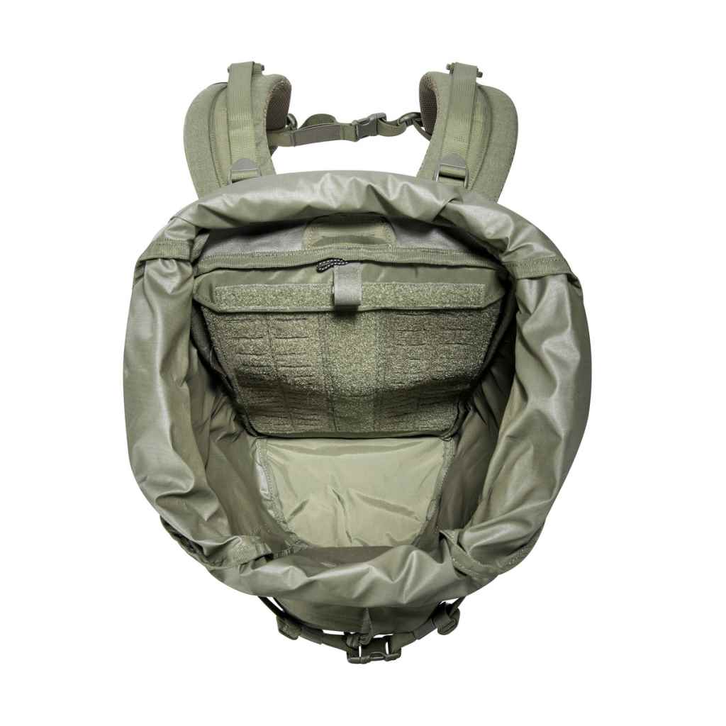 Overhead view of main compartment 40 litre Tasmanian Tiger Sentinel pack  showing MOLLE mounting system - Olive