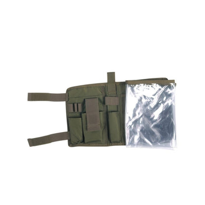 Overhead view of Large Tasmanian Tiger Map Case open to show pockets on the left and plastic map pouches on the right - Olive