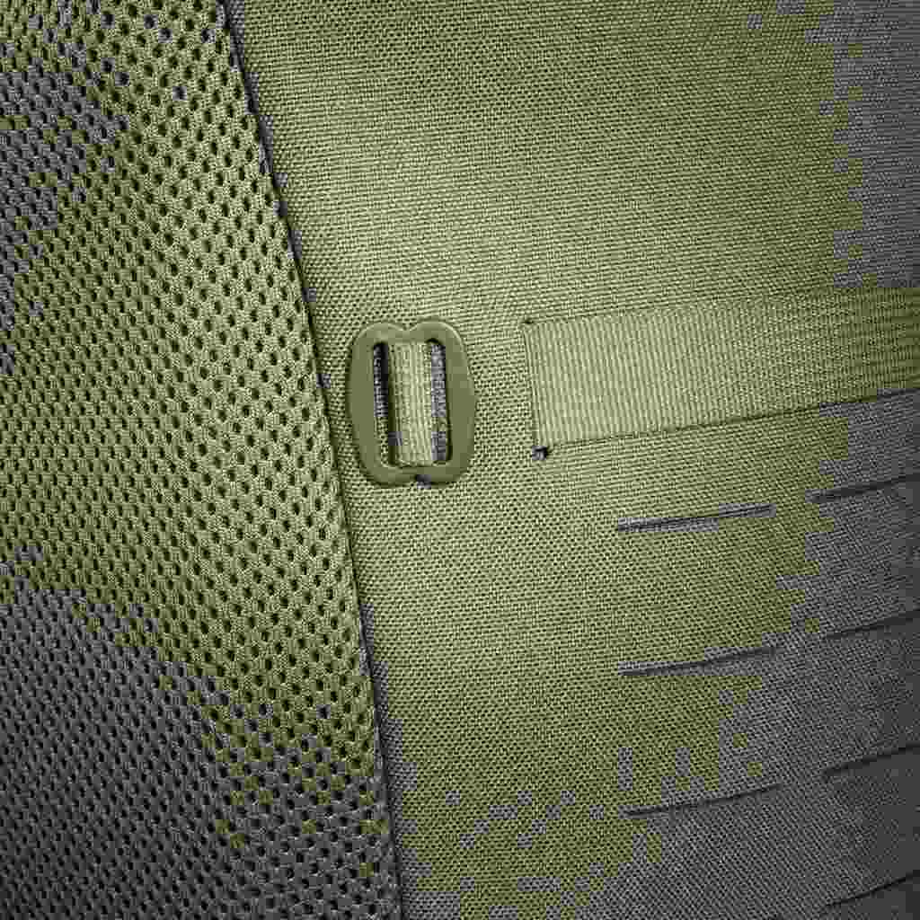 Close up of compression strap buckle and laser-cut MOLLE - Olive