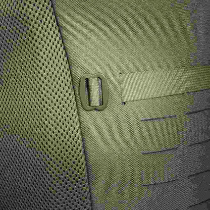 Close up of compression strap buckle and laser-cut MOLLE - Olive
