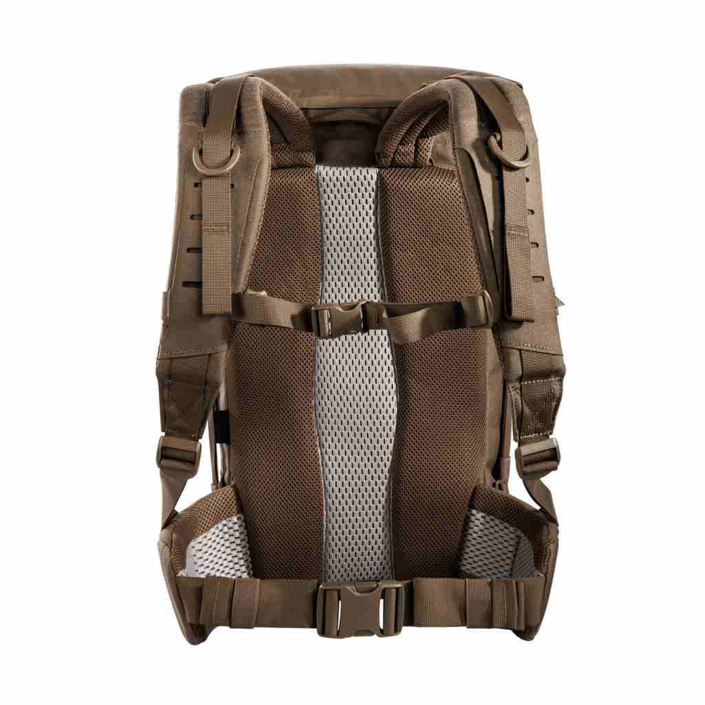 Back view of 28 litre Tasmanian Tiger Sentinel pack featuring roll-top with zipper and laser-cut MOLLE on sides and removable padded hip fins - Coyote Brown | TT7353.346