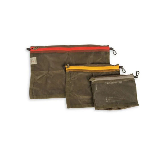 Tasmanian Tiger Mesh Pocket Set with large, medium and small pouches. Zips at top of pouch are colour-coded red for L, yellow for M and tan for small - Olive Mesh | Ships Within New Zealand