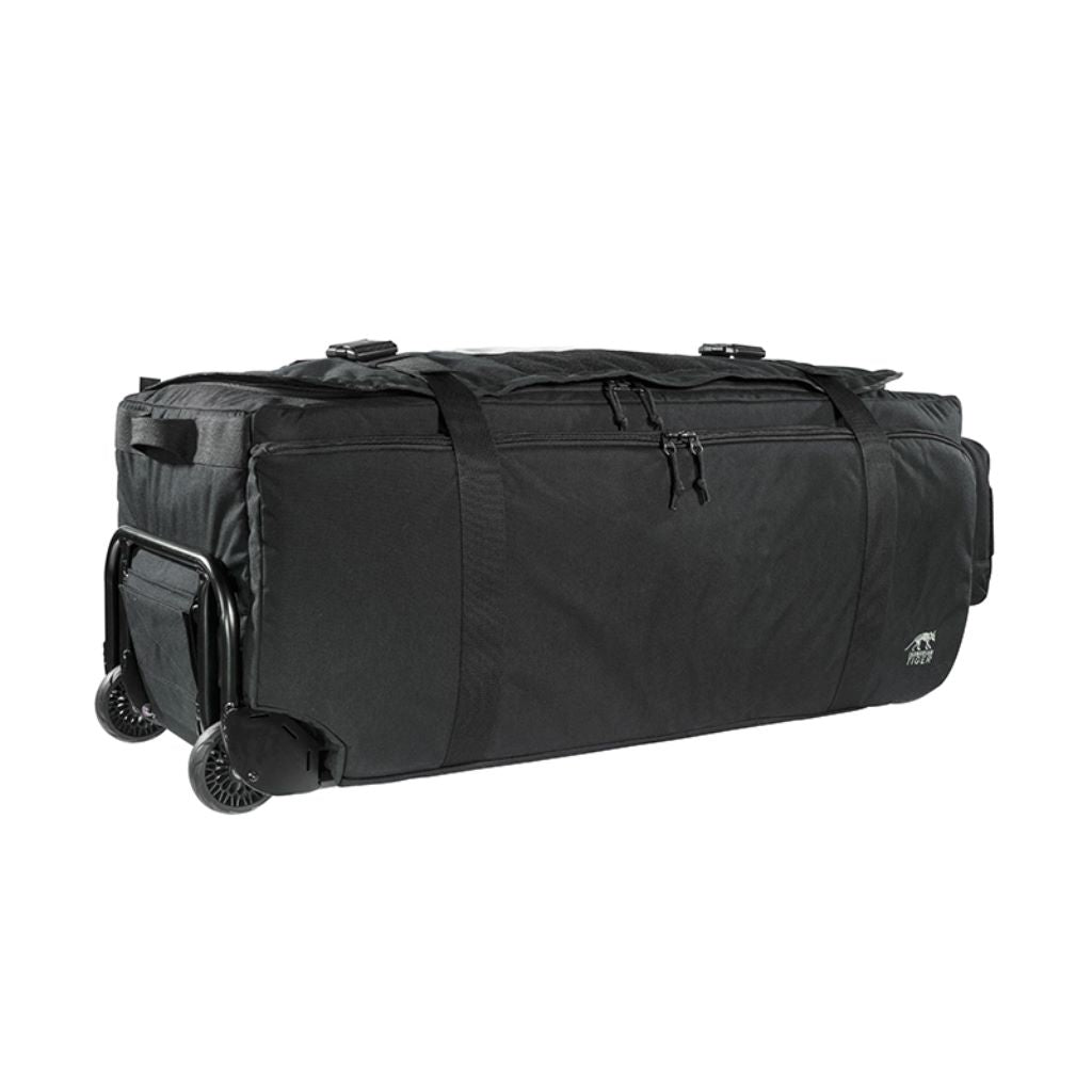 Right hand view of Tasmanian Tiger MIL Transporter, 190 litre deployment bag with large zipped accessible pocket, compression strap, handles at sides and base of aluminium frame trolley wheels showing - black