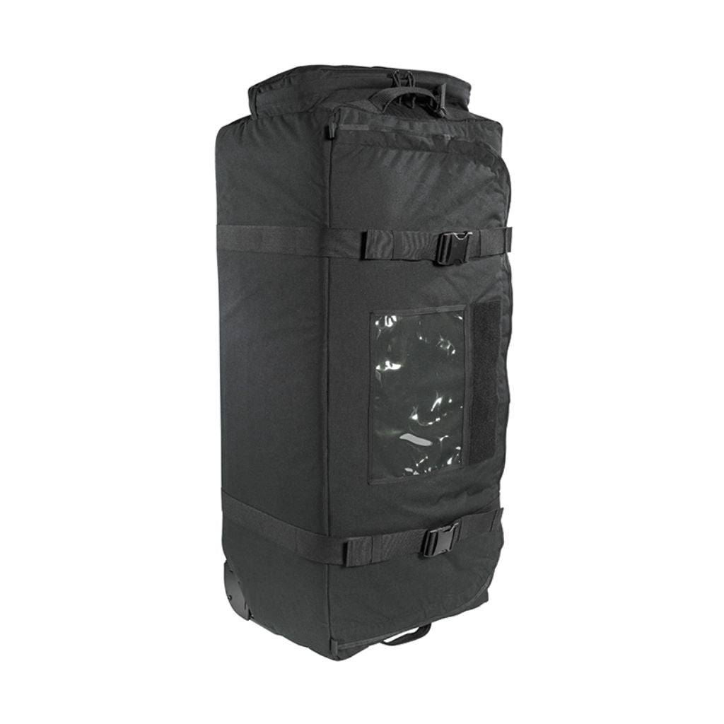 Three quarter front view of Tasmanian Tiger MIL Transporter, 190 litre deployment bag with large zipped front accessible pocket, compression strap, handles at sides and carrying handle, vinyl pocket for documents and name tags on lid – Black | Ships Within New Zealand