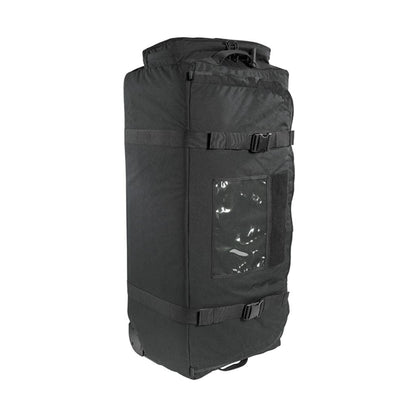 Three quarter front view of Tasmanian Tiger MIL Transporter, 190 litre deployment bag with large zipped front accessible pocket, compression strap, handles at sides and carrying handle, vinyl pocket for documents and name tags on lid – Black | Ships Within New Zealand