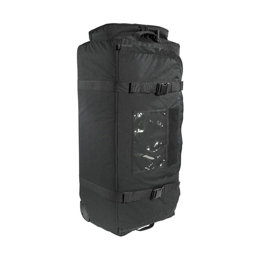 Three quarter front view of Tasmanian Tiger MIL Transporter, 190 litre deployment bag with large zipped front accessible pocket, compression strap, handles at sides and carrying handle, vinyl pocket for documents and name tags on lid – Black | Ships Within New Zealand