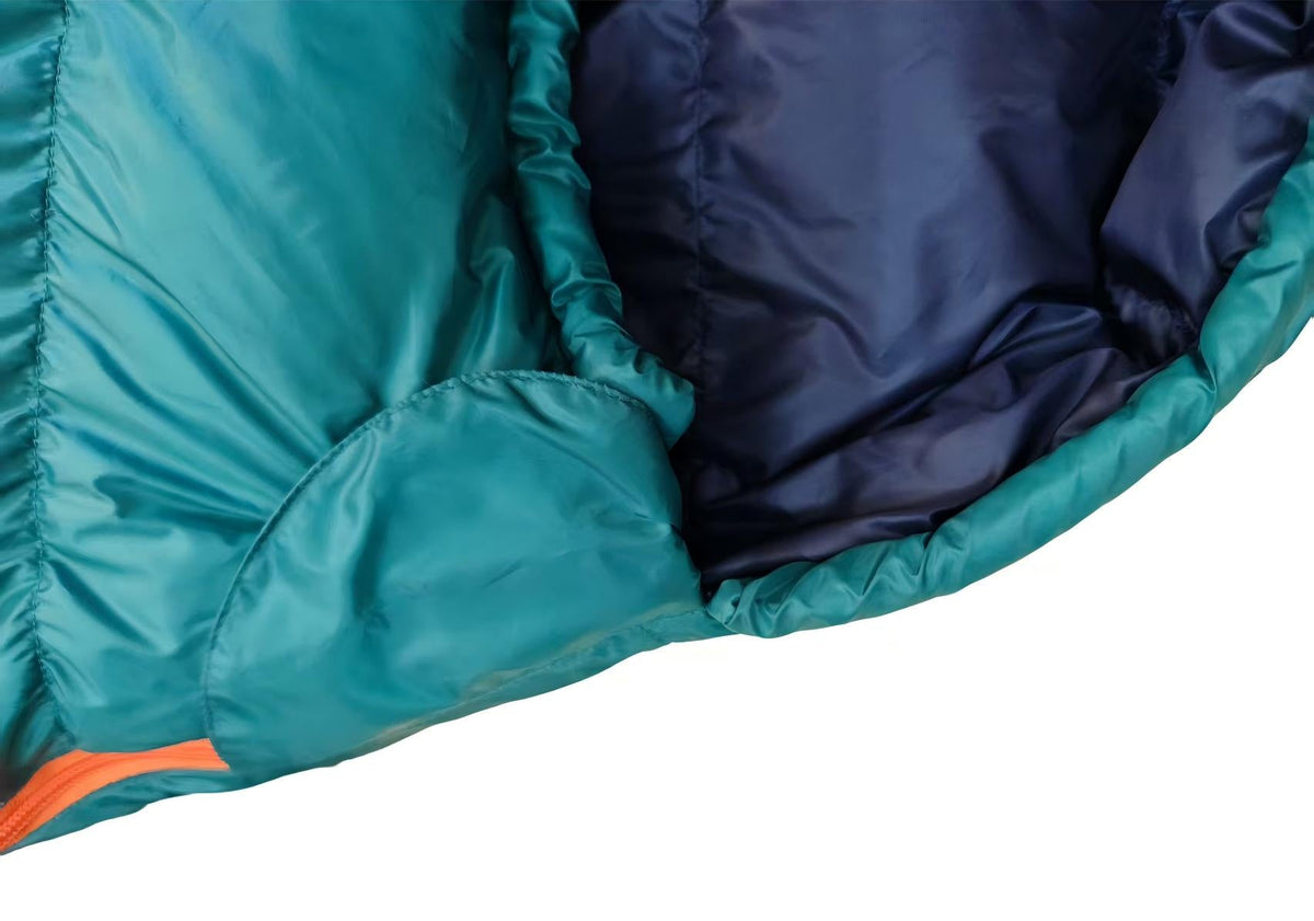 Close up of closure Domex Wanderer 300 - 2-season down bag - shown in the closed position - teal with navy lining | GENERAL