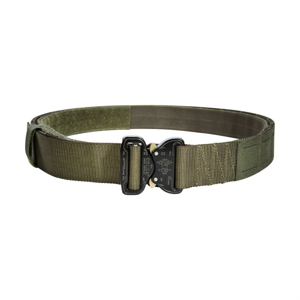 Front view of Tasmanian Tiger Modular Belt Set with custom laser MOLLE system, hook strips on inside and indestructible COBRA buckle - Olive | TT7152.331S, TT7152.331M, TT7152.331L