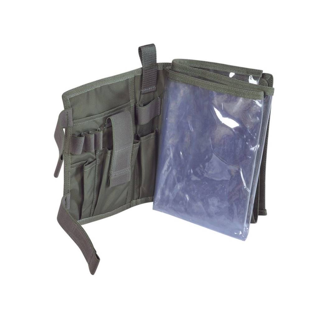 Large Tasmanian Tiger Map Case open to show pockets on the left and plastic map pouches on the right - Olive
