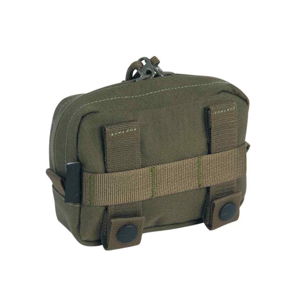 Three quarter back view of zippered Tasmanian Tiger horizontal accessory pouch with MOLLE snap button system requiring three MOLLE loops - Olive | TT7650.331
