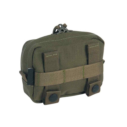 Three quarter back view of zippered Tasmanian Tiger horizontal accessory pouch with MOLLE snap button system requiring three MOLLE loops - Olive | TT7650.331