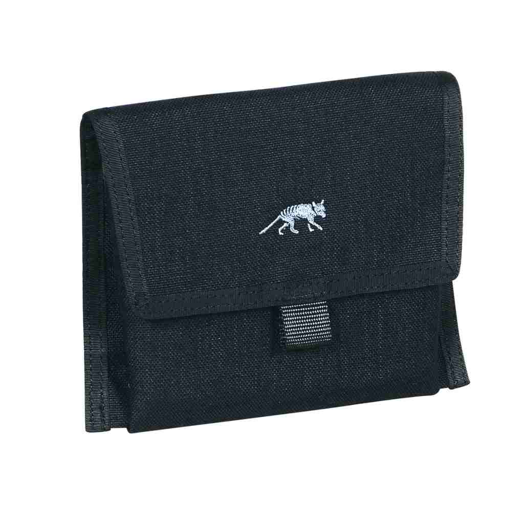 Three quarter front view of MIL Pouch Utility for small gear. Features flap to close with tab and TT Logo in silver in the middle - Black | Ships Within New Zealand
