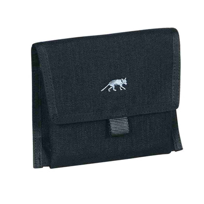 Three quarter front view of MIL Pouch Utility for small gear. Features flap to close with tab and TT Logo in silver in the middle - Black | Ships Within New Zealand