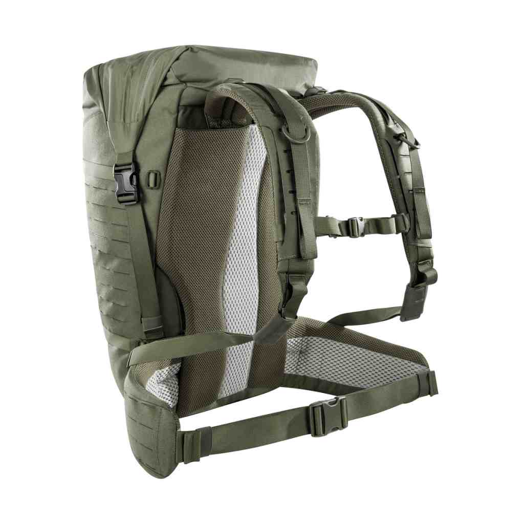 Three quarter back view of 40 litre Tasmanian Tiger Sentinel pack featuring roll-top with zipper and laser-cut MOLLE on sides and removable padded hip fins and detachable rear panel – Olive