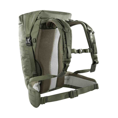 Three quarter back view of 40 litre Tasmanian Tiger Sentinel pack featuring roll-top with zipper and laser-cut MOLLE on sides and removable padded hip fins and detachable rear panel – Olive