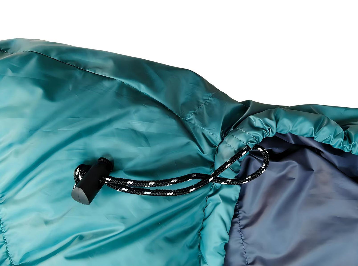 Close up of closure Domex Wanderer 300 - 2-season down bag - shown in the closed position - teal with navy lining | GENERAL