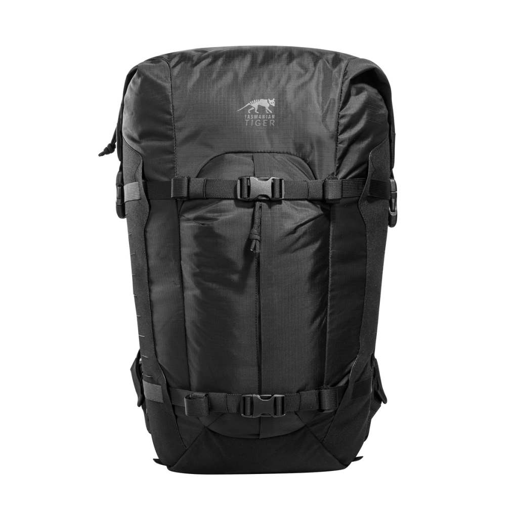 Front view of 28 litre Tasmanian Tiger Sentinel pack featuring two compression straps, front pocket, roll-top with zipper and laser-cut MOLLE on sides - Black | TT7353.040