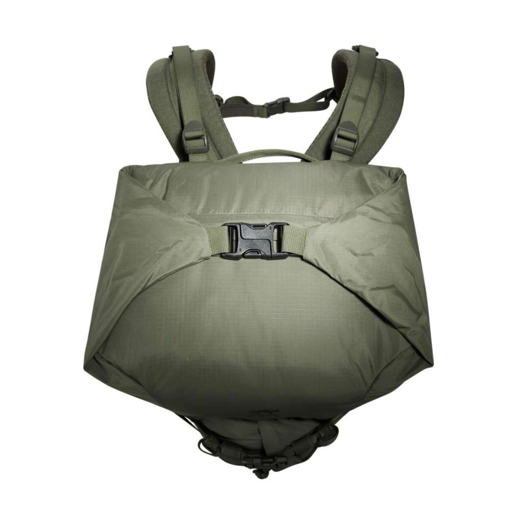 Overhead view of 28 litre Tasmanian Tiger Sentinel pack with roll-top secured in top position - Olive | TT7353.331
