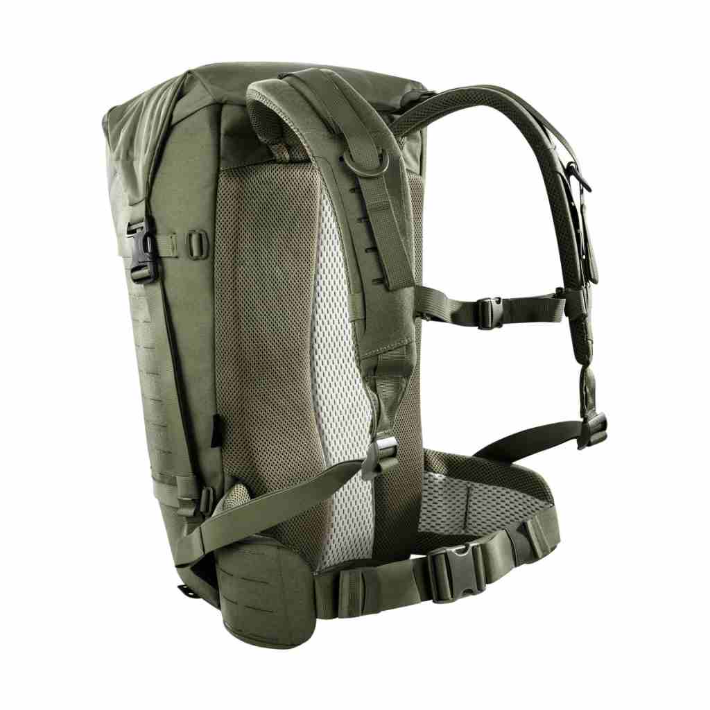 Three quarter back view of 28 litre Tasmanian Tiger Sentinel pack featuring roll-top with zipper and laser-cut MOLLE on sides and removable padded hip fins - Olive | TT7353.331