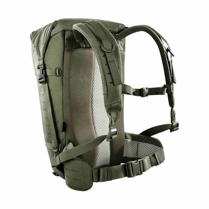 Three quarter back view of 28 litre Tasmanian Tiger Sentinel pack featuring roll-top with zipper and laser-cut MOLLE on sides and removable padded hip fins - Olive | TT7353.331