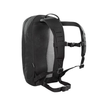 Three quarter back view of twenty-two litre Tasmanian Tiger Urban Tac Pack with padded back carrying system, height-adjustable chest belt, removable hip webbing and detachable rear panel with aluminium frame - Black | TT7558.040
