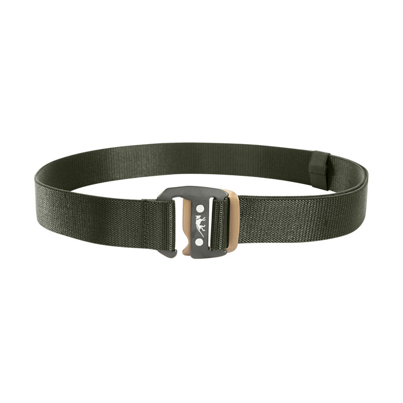 Front view of length adjustable elastic webbing Tasmanian Tiger functional EDC belt with Nickel-free aluminium hook buckle with TT logo - Stone Grey Olive | TT7839.332