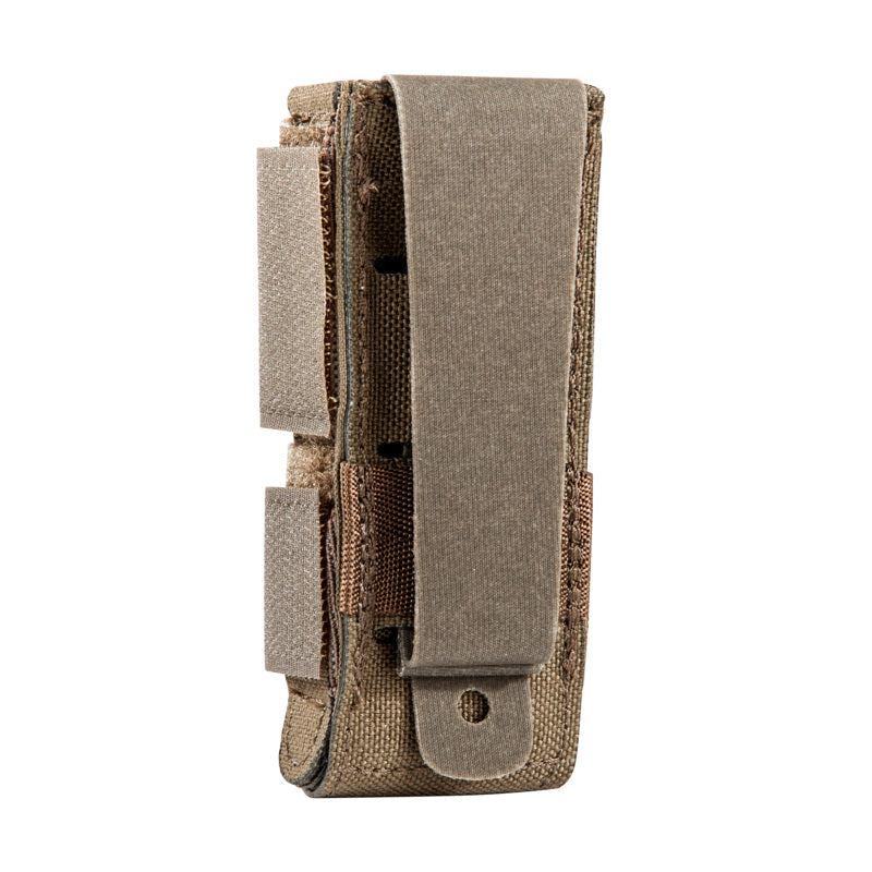 Three quarter back view of Tasmanian Tiger PI magazine pouch with removable hook-and-loop fastening side stabilizer and MOLLE reverse system which needs one MOLLE loop - Coyote Brown | TT7956.346