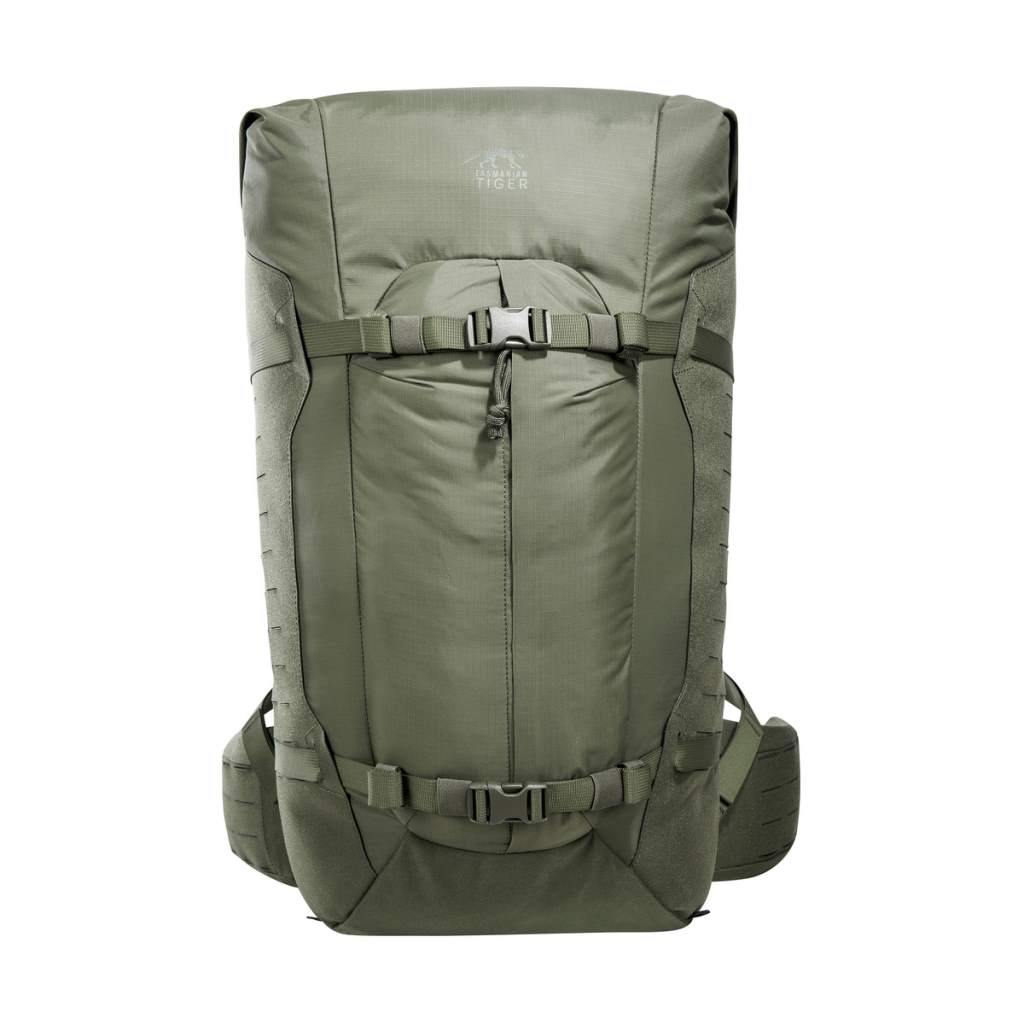 Front view of 40 litre Tasmanian Tiger Sentinel pack featuring two compression straps, front pocket, roll-top with zipper and laser-cut MOLLE on sides - Olive