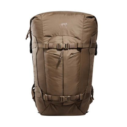 Front view of 28 litre Tasmanian Tiger Sentinel pack featuring two compression straps, front pocket, roll-top with zipper and laser-cut MOLLE on sides - Coyote Brown | TT7353.346