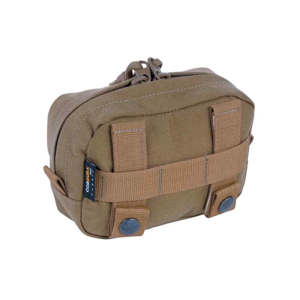 Three quarter back view of zippered Tasmanian Tiger horizontal accessory pouch with MOLLE snap button system requiring three MOLLE loops - Coyote Brown | TT7650.346