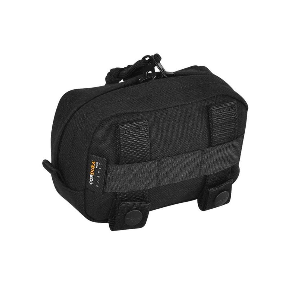Three quarter back view of zippered Tasmanian Tiger horizontal accessory pouch with MOLLE snap button system requiring three MOLLE loops - Black | TT7650.040