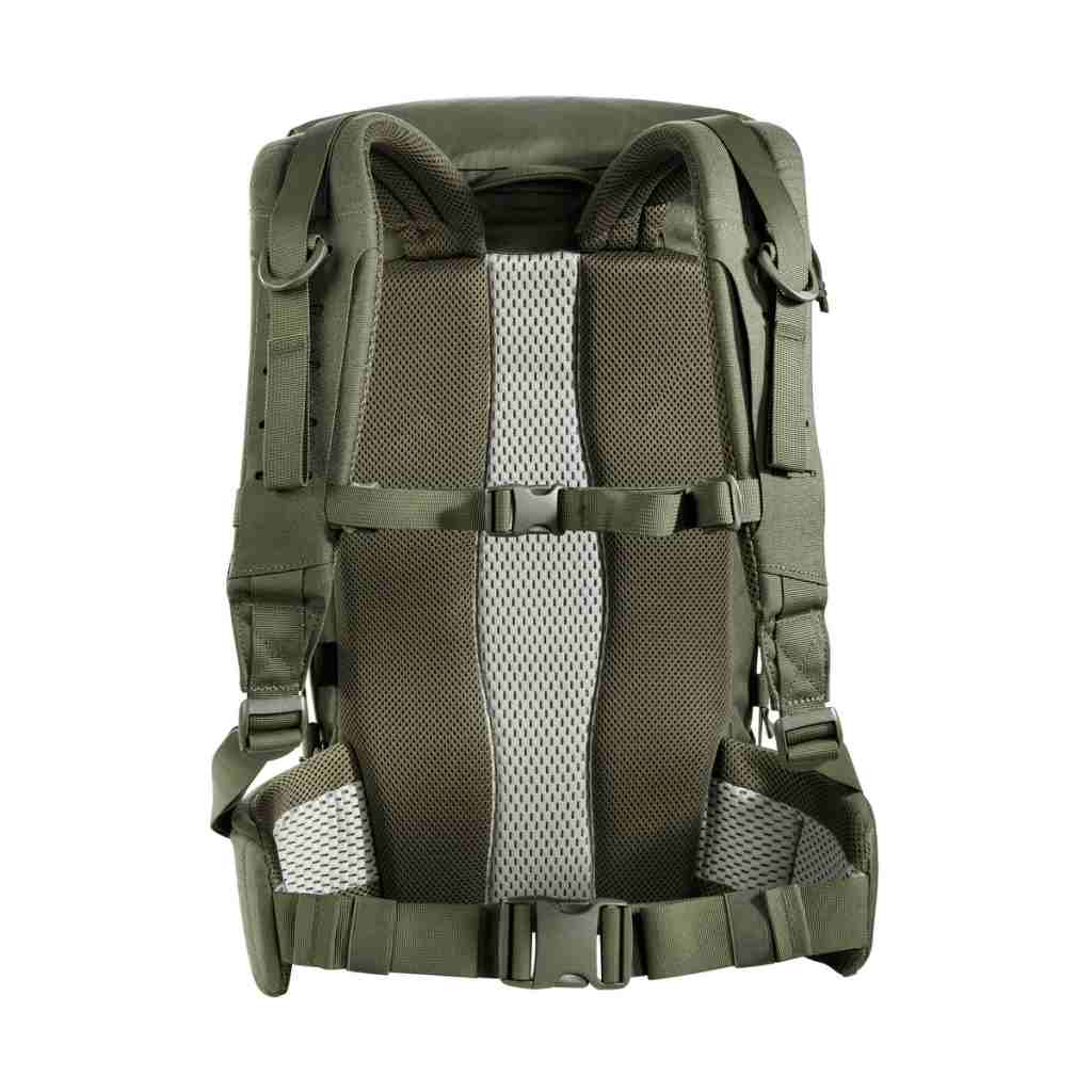 Back view of 28 litre Tasmanian Tiger Sentinel pack featuring roll-top with zipper and laser-cut MOLLE on sides and removable padded hip fins - Olive | TT7353.331