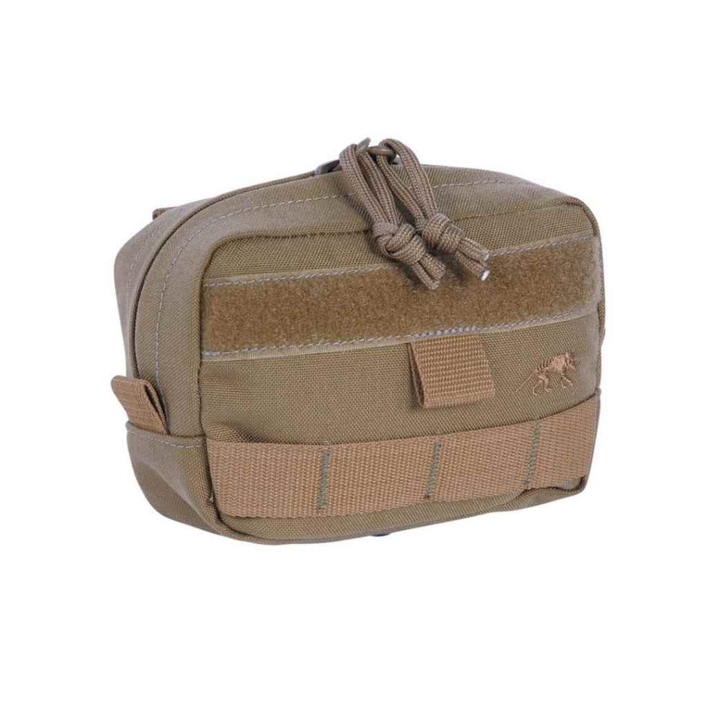Three quarter front view of zippered Tasmanian Tiger horizontal accessory pouch with hook and loop strips for name tag and MOLLE system - Coyote Brown | TT7650.346
