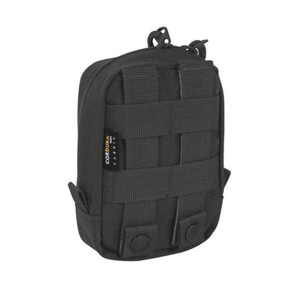 Three quarter back view of Tasmanian Tiger Tac Pouch with extra wide zipped opening, hook-and-loop strips for name tag, and MOLLE system - Black | TT7647.040