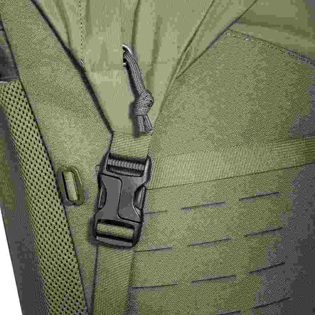 Close up of buckle securing roll-top on 40 litre Tasmanian Tiger Sentinel pack in the down position - Olive