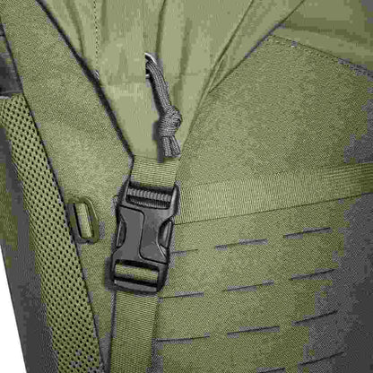 Close up of buckle securing roll-top on 40 litre Tasmanian Tiger Sentinel pack in the down position - Olive
