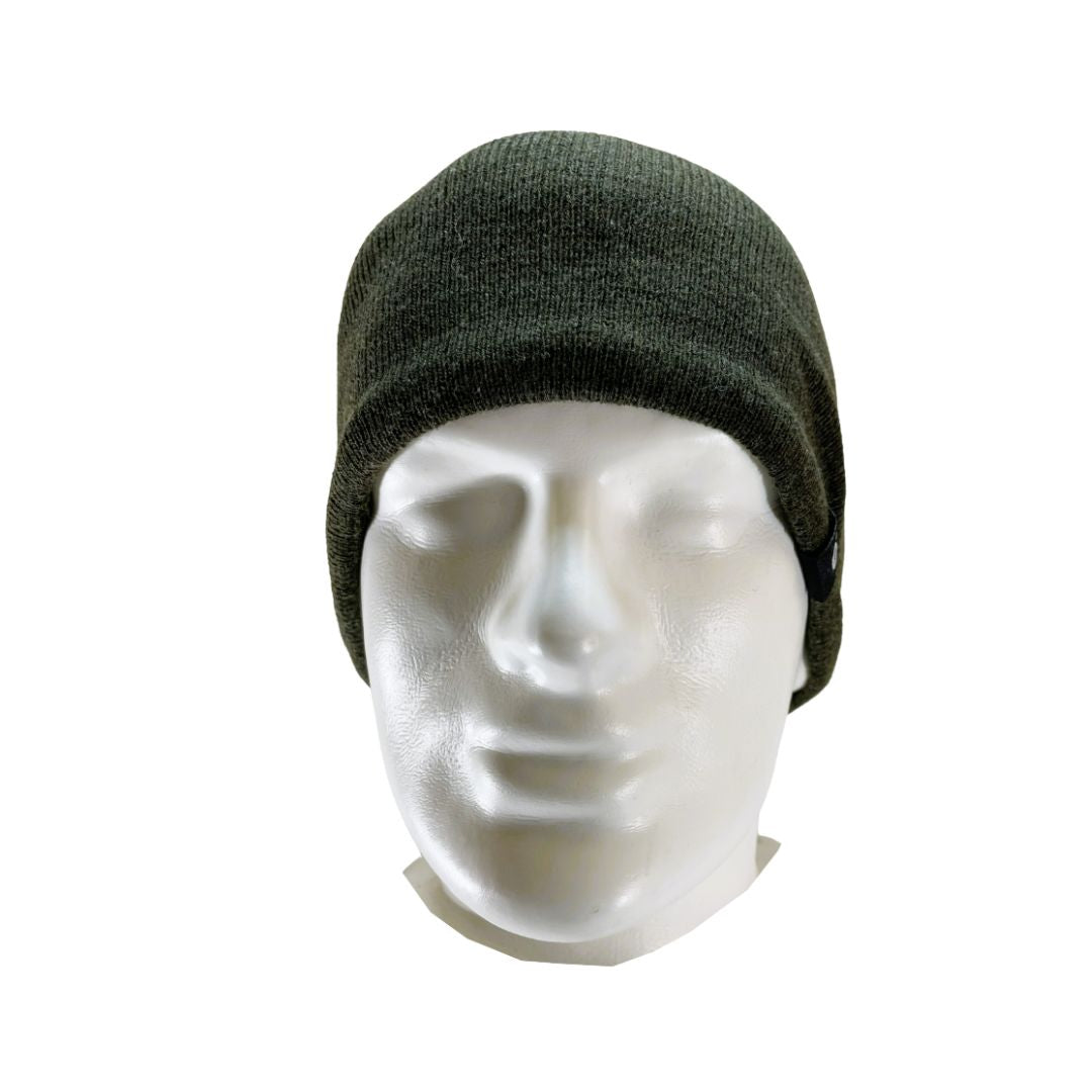 Front view of Domex Forest green fine-knit beanie with plush polar fleece lining for greater comfort and additional warmth.