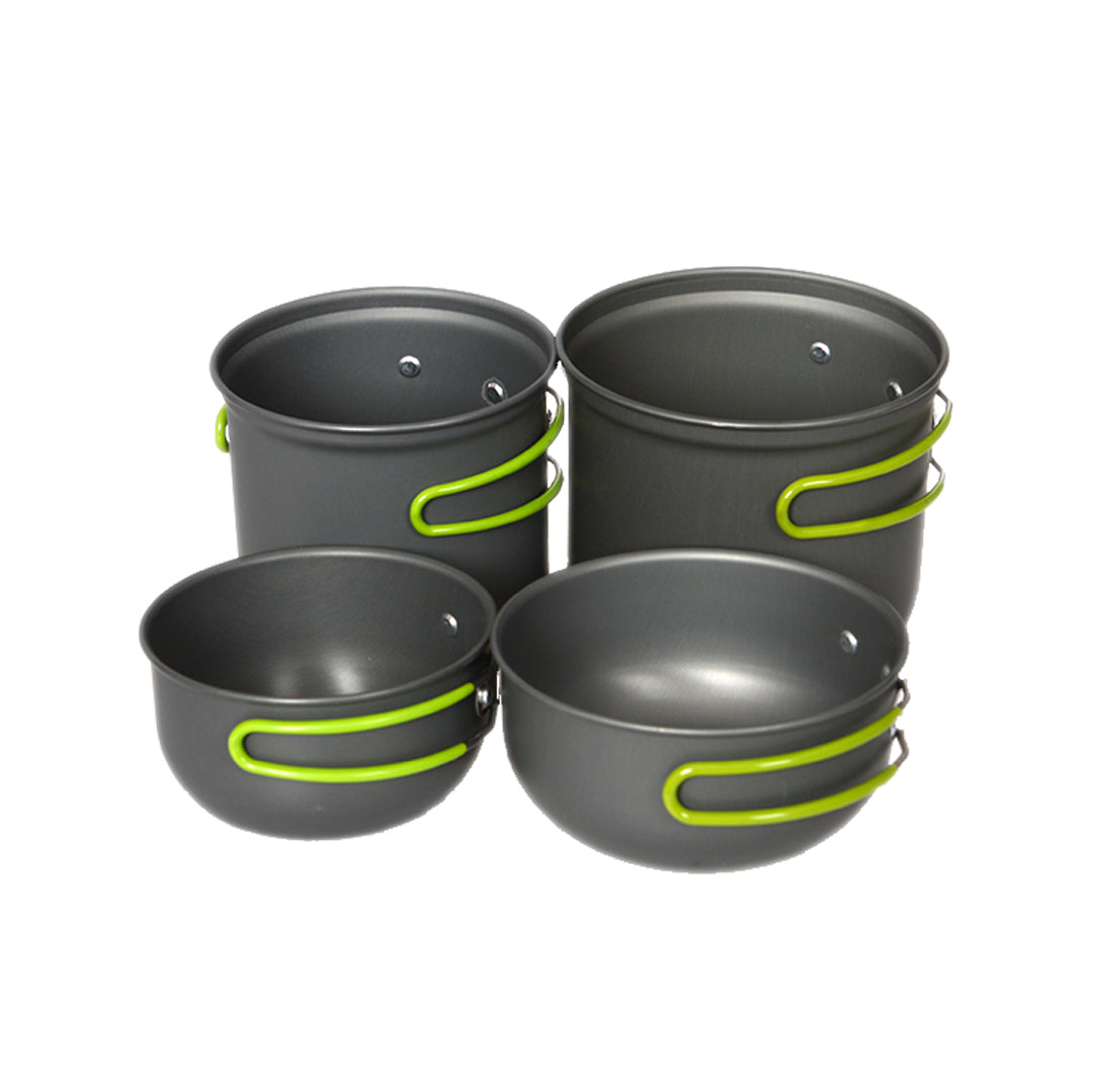 Domex Anodised Billy Set - Back Left: Small Billy, Back Right: Medium Billy. Front left: Small Lid/Saucepan, Front right: Medium Lid/Saucepan | Ships Within New Zealand