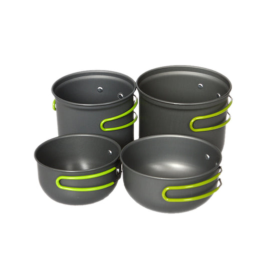 Domex Anodised Billy Set - Back Left: Small Billy, Back Right: Medium Billy. Front left: Small Lid/Saucepan, Front right: Medium Lid/Saucepan | Ships Within New Zealand