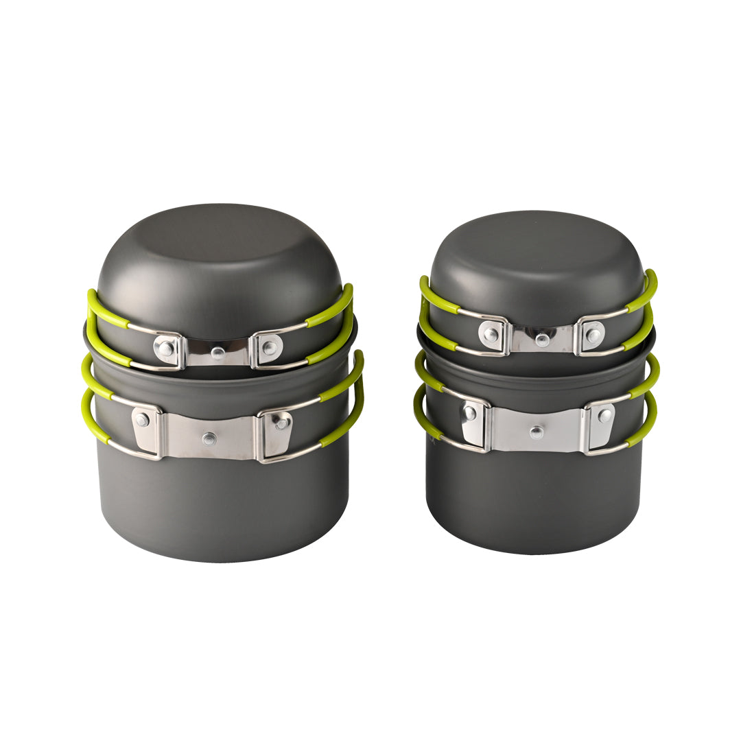 Domex Anodised Billy Set - Small Billy/Lid/Saucepan Stack on left, Medium Billy/Lid/Saucepan Stack on Right