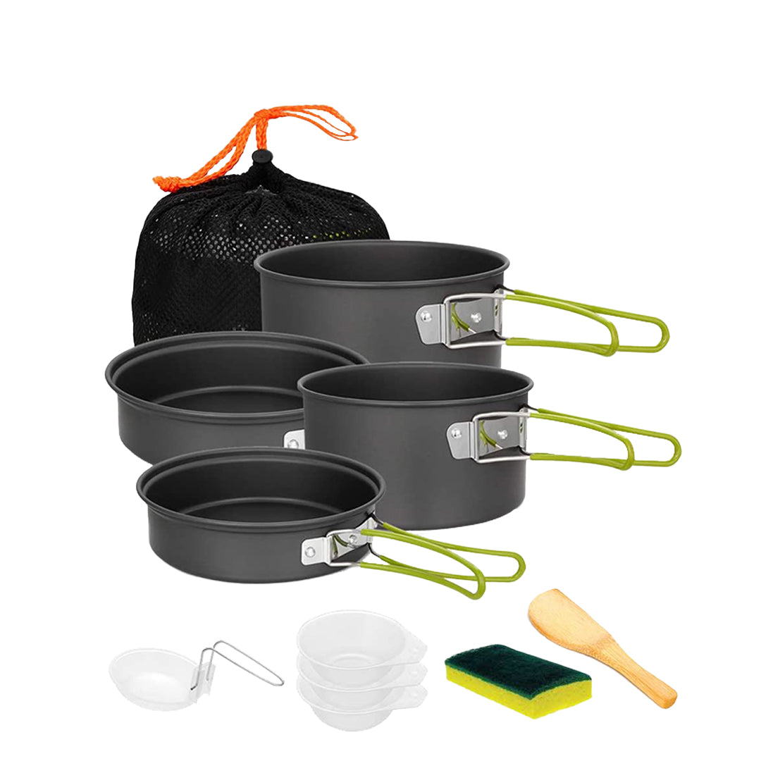 Domex Anodised Camping Cook Set: Medium lid/pan, Medium pot, Large lid/pan, Large pot, 3x small plastic bowls, Plastic ladle, Bamboo spatula, Pot scrubbing sponge | Ships Within New Zealand