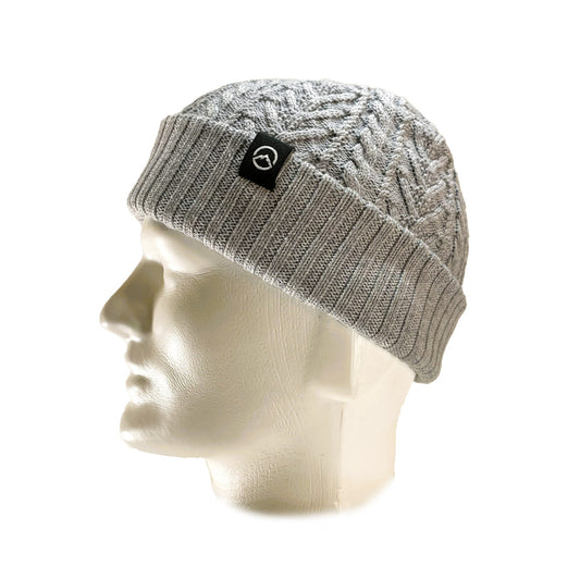 Side view of Domex Light grey merino blend cable-knit cuffed beanie | Ships Within New Zealand